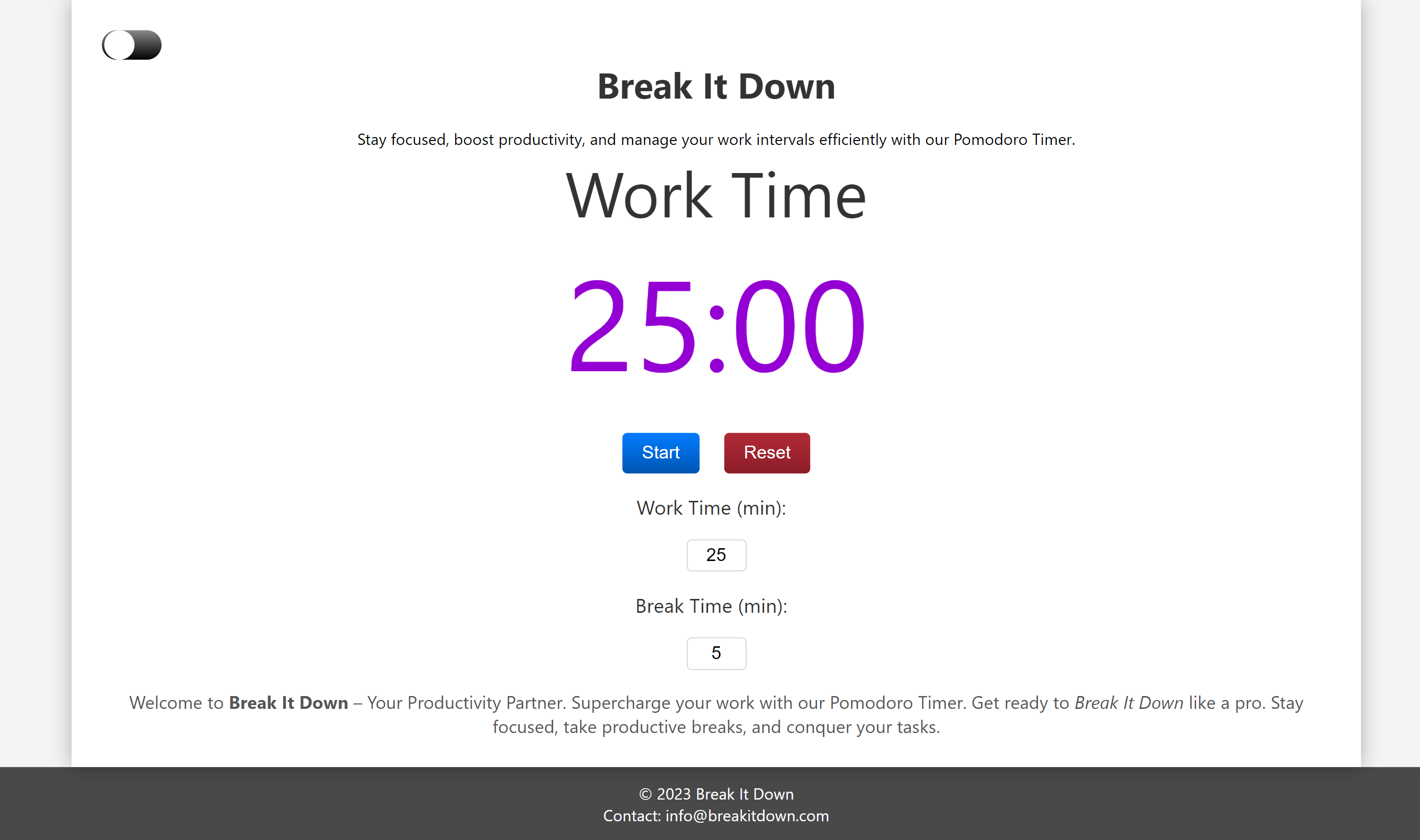 Pomodoro Timer Web Application - Break It Downs